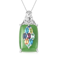 Green Jade and Multi Gemstone Art Deco Pendant Necklace 18 Inches in Rhodium Over Sterling Silver 28.10 ctw