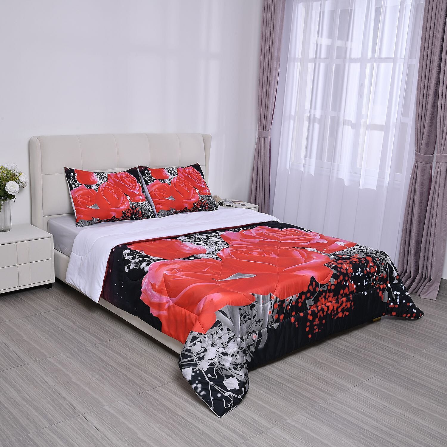 HOMESMART Red Floral 3D Digital Print Pattern Microfiber Comforter and Pillow Cover - Queen