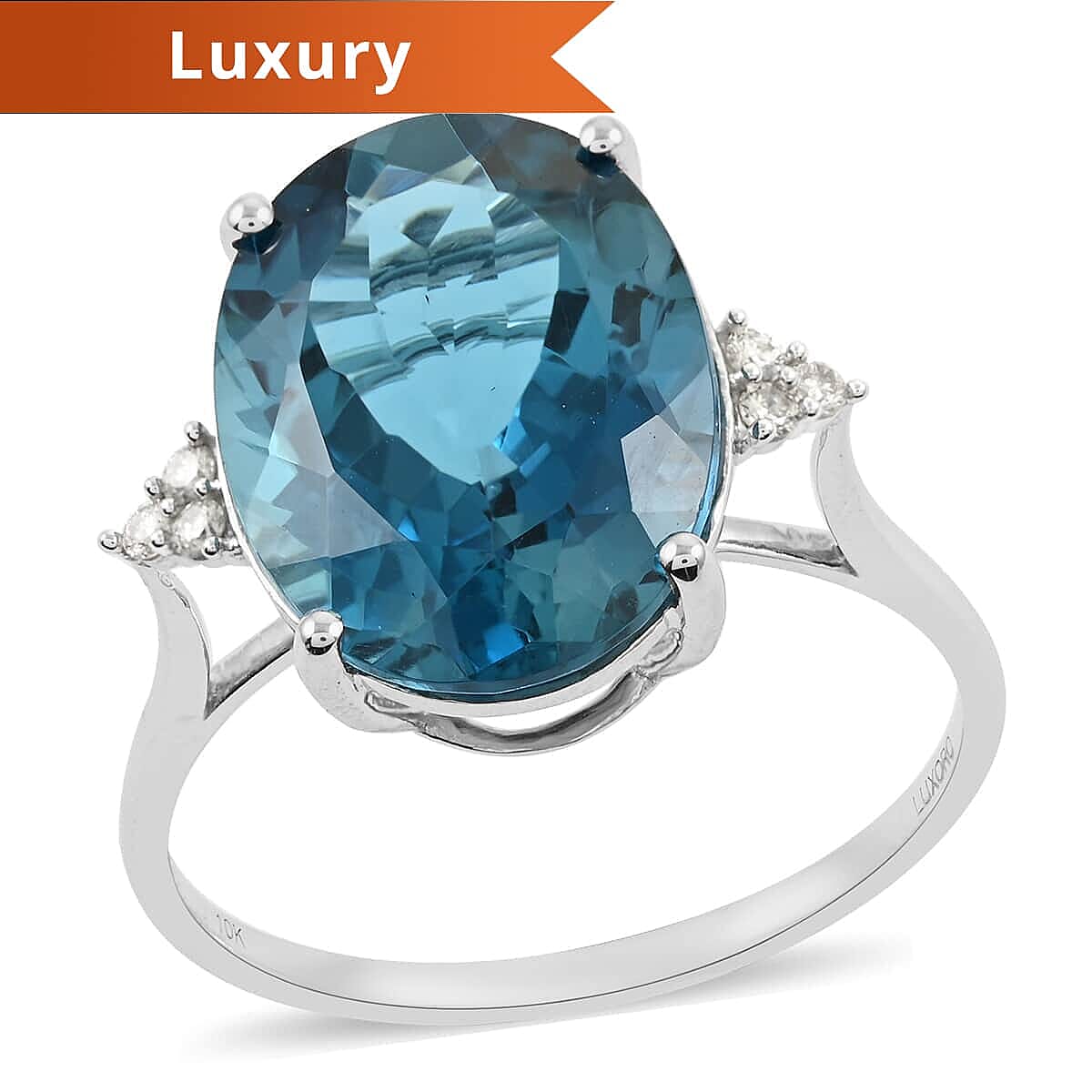 LUXORO 10K White Gold AAA London Blue Topaz and G-H I2 Diamond Ring (Size 10.0) 2.15 Grams 11.10 ctw