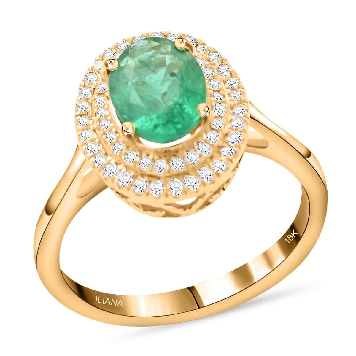 ILIANA 18K Yellow Gold AAA Kagem Zambian Emerald and G-H SI Diamond Double Halo Ring 4.30 Grams 1.50 ctw