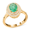 ILIANA 18K Yellow Gold AAA Kagem Zambian Emerald and G-H SI Diamond Double Halo Ring 4.30 Grams 1.50 ctw - Sticky add to cart bar
