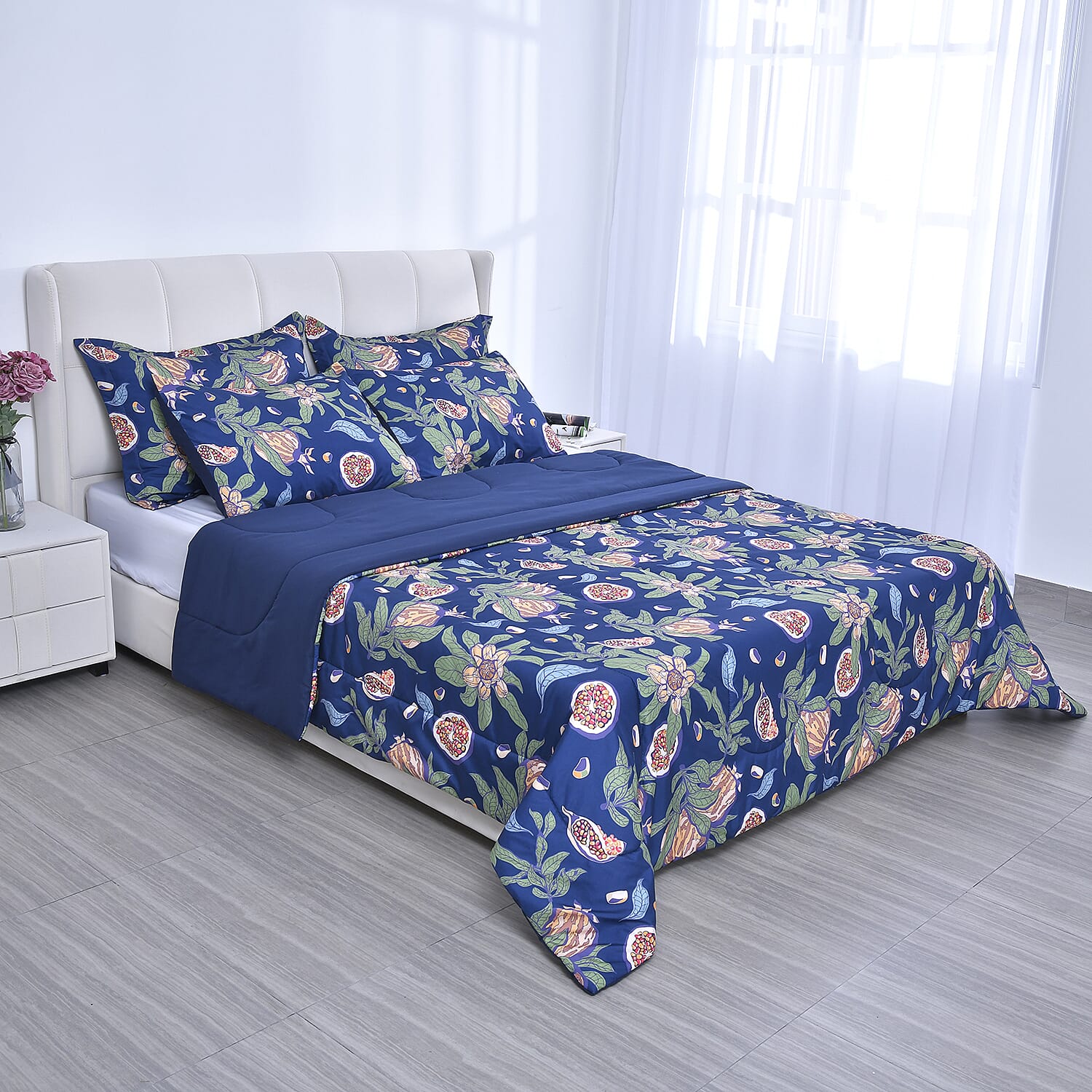HOMESMART Blue Digital Floral Printed Microfiber 5pcs Comforter Set - Queen