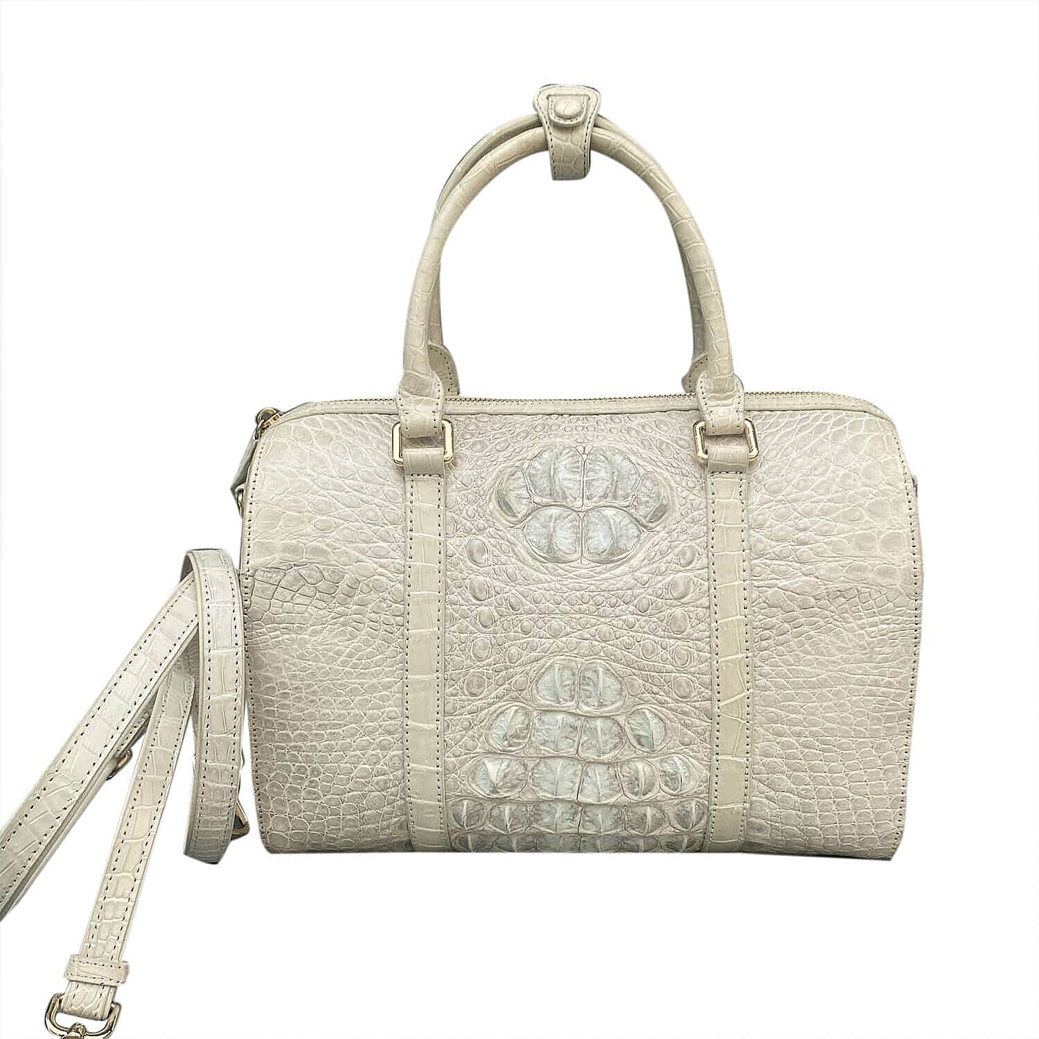 Grand Pelle Genuine Crocodile Leather Natural White Tote Bag (11.81"x5.9"x7.87") with Detachable Shoulder Strap