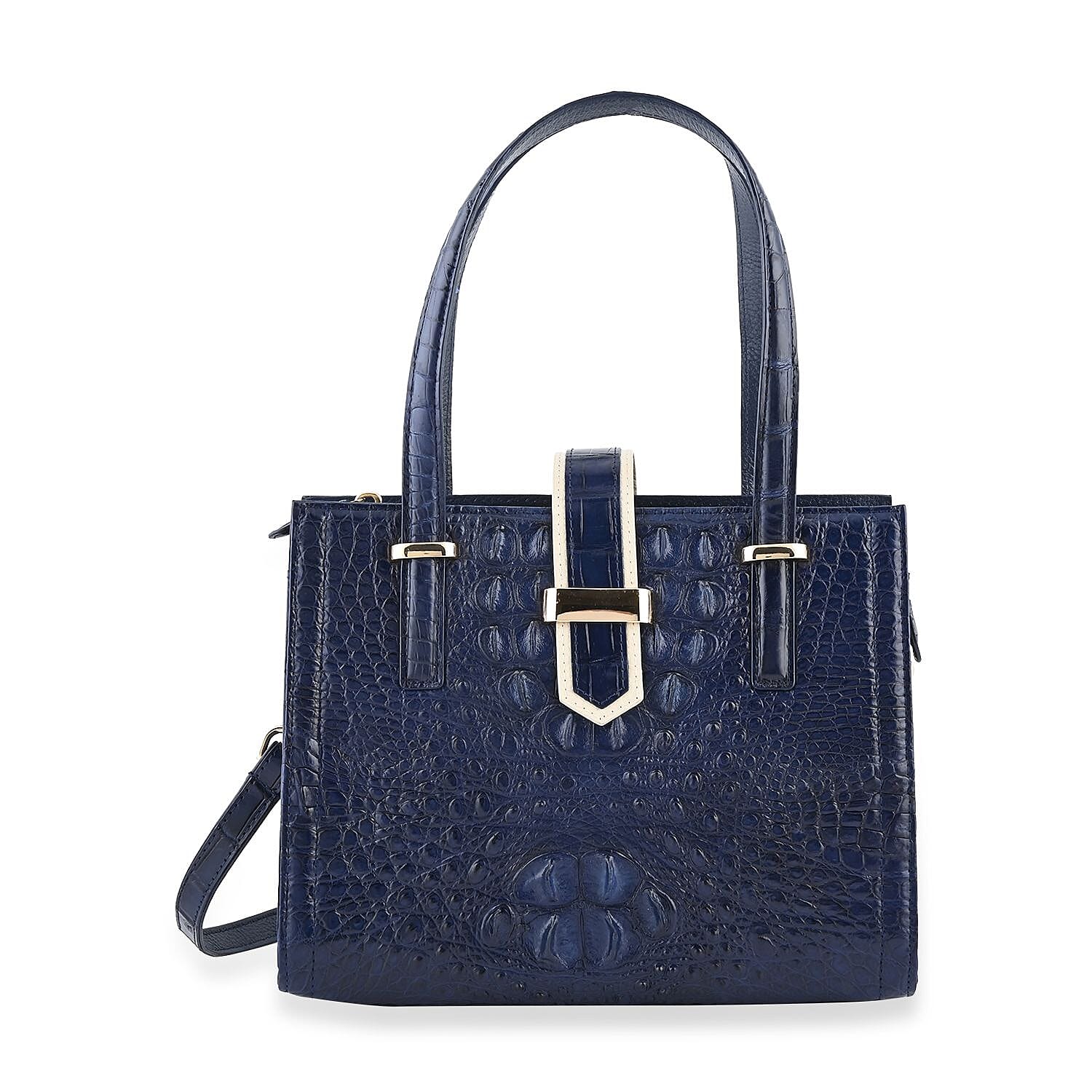 Grand Pelle Navy Genuine Crocodile Leather Handbag (11"x8.7"x3.9")
