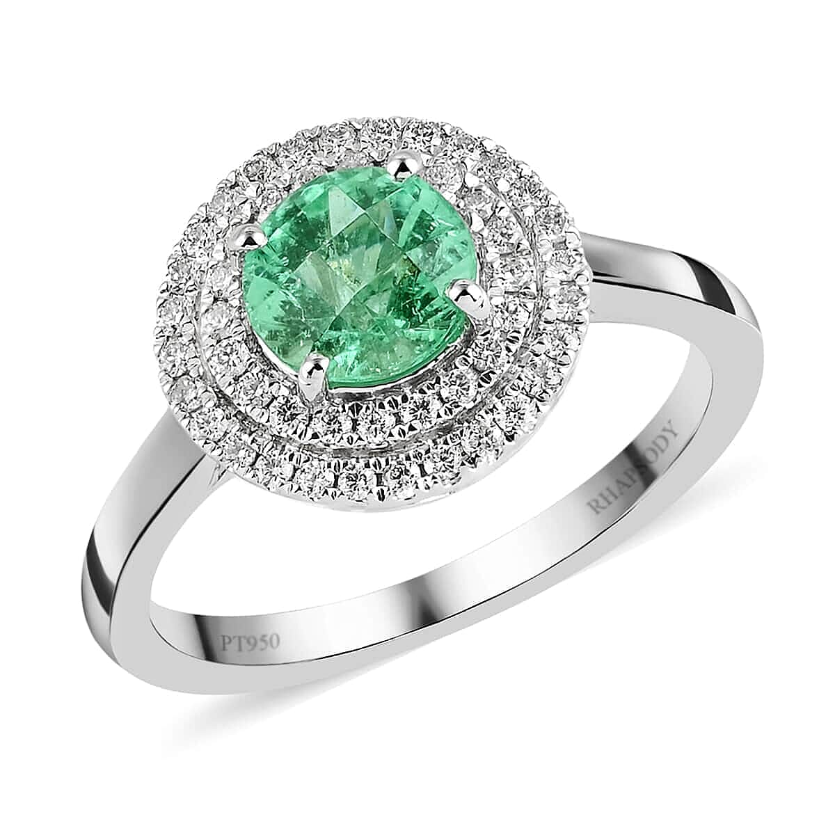 Certified & Appraised RHAPSODY 950 Platinum AAAA Boyaca Colombian Emerald and E-F VS Diamond Double Halo Ring 5.30 Grams 1.20 ctw