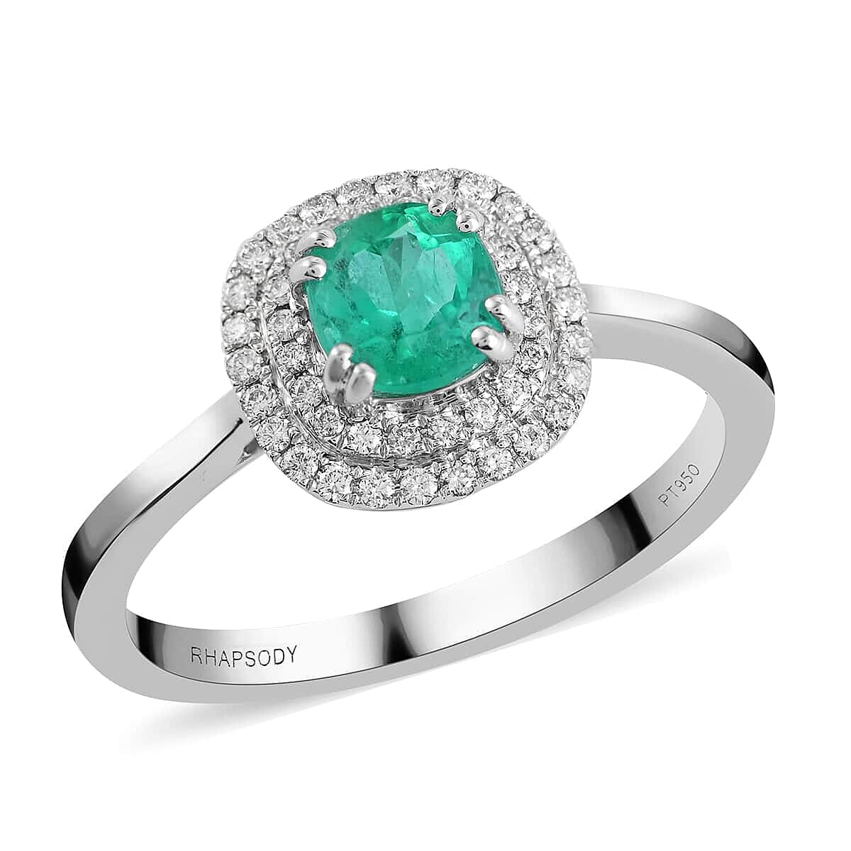 Certified & Appraised Rhapsody 950 Platinum AAAA Boyaca Colombian Emerald, Diamond (E-F, VS) (0.25 cts) Double Ring (Size 6.0) (4.75 g) 1.00 ctw