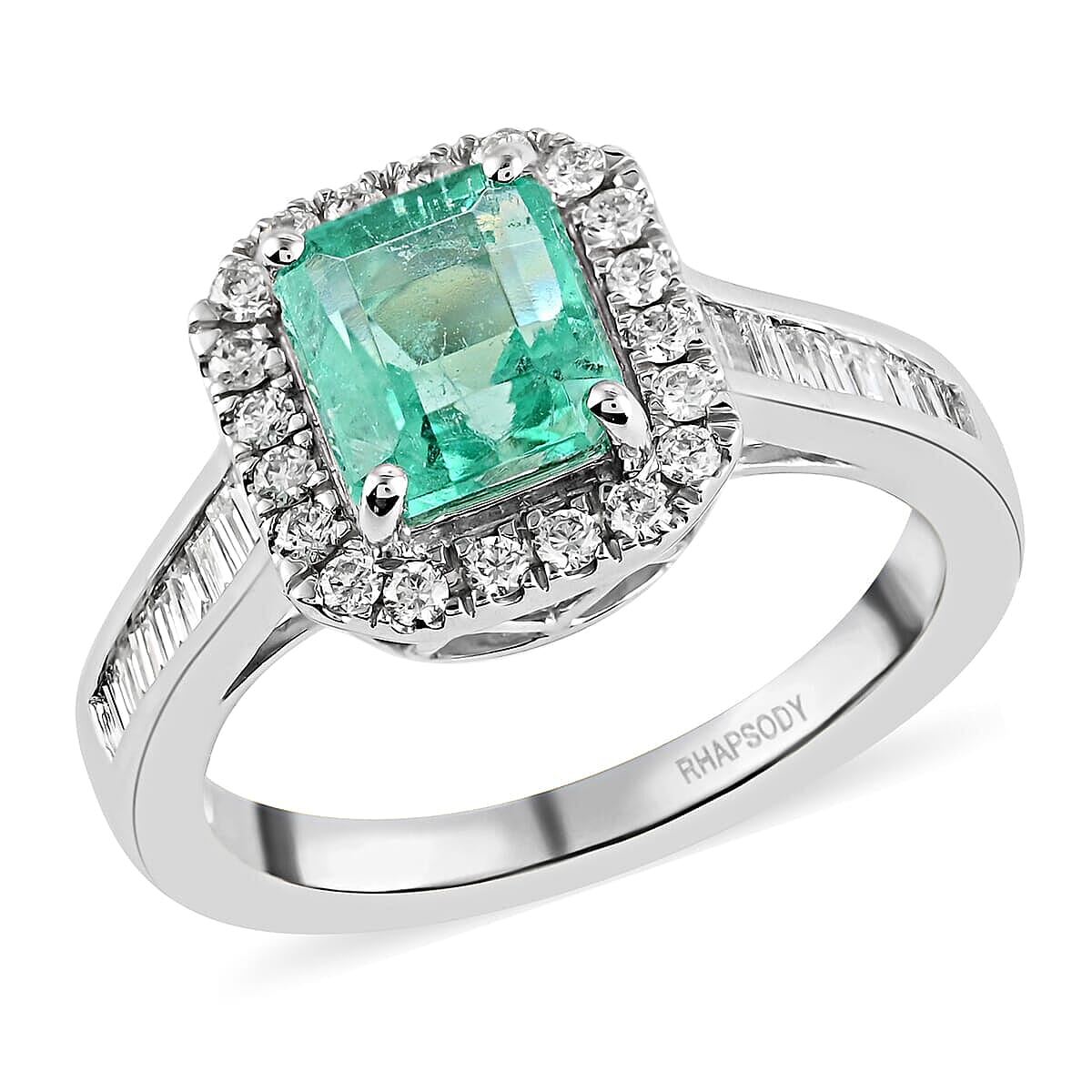 Rhapsody 950 Platinum Boyaca Colombian Emerald and E-F VS Diamond Halo Ring (Size 7.0) 7.50 Grams 2.20 ctw