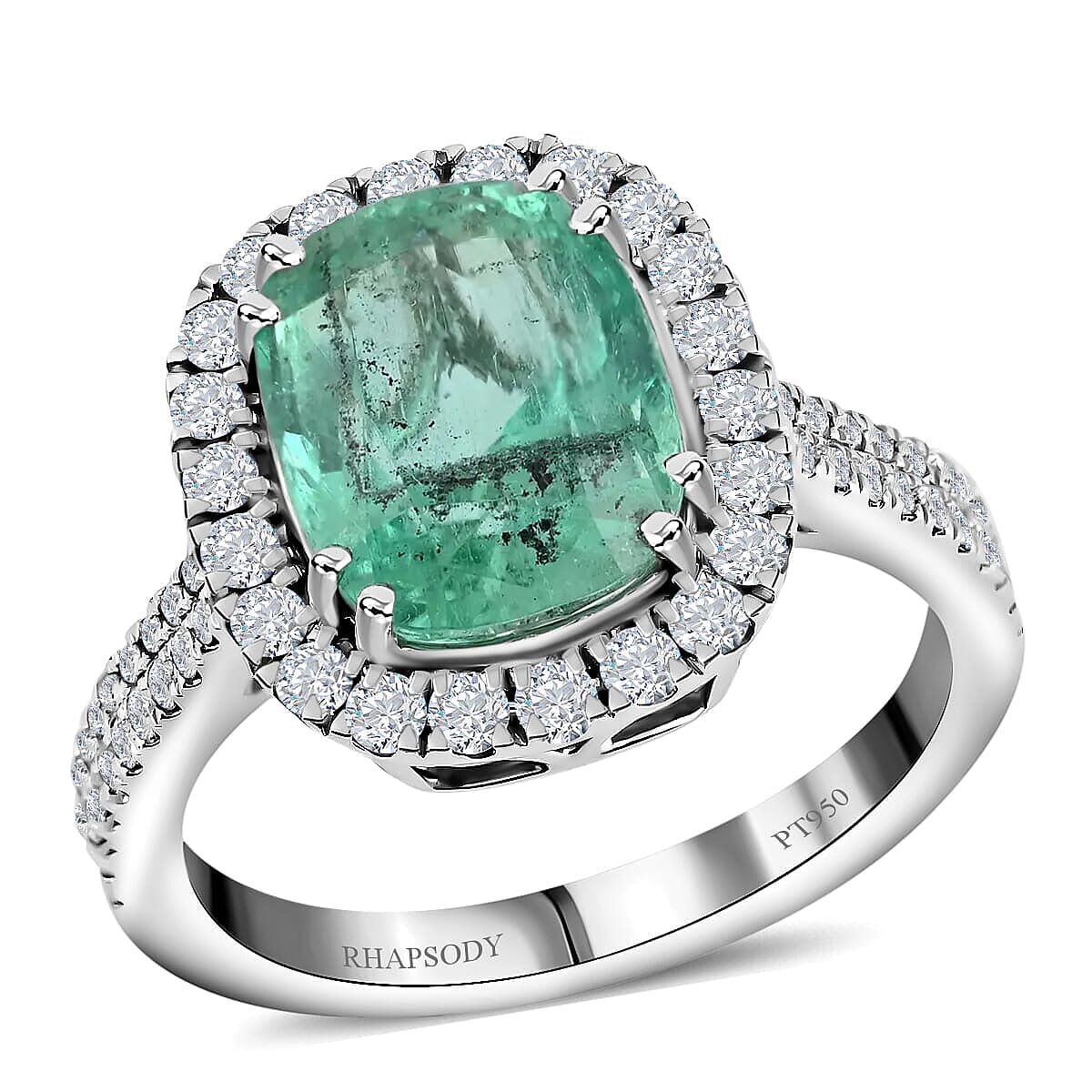 Rhapsody AAAA Boyaca Colombian Emerald and E-F VS Diamond 4.60 ctw Halo Ring in 950 Platinum 7.50 Grams