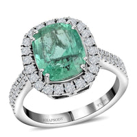 Rhapsody AAAA Boyaca Colombian Emerald and E-F VS Diamond 4.60 ctw Halo Ring in 950 Platinum 7.50 Grams