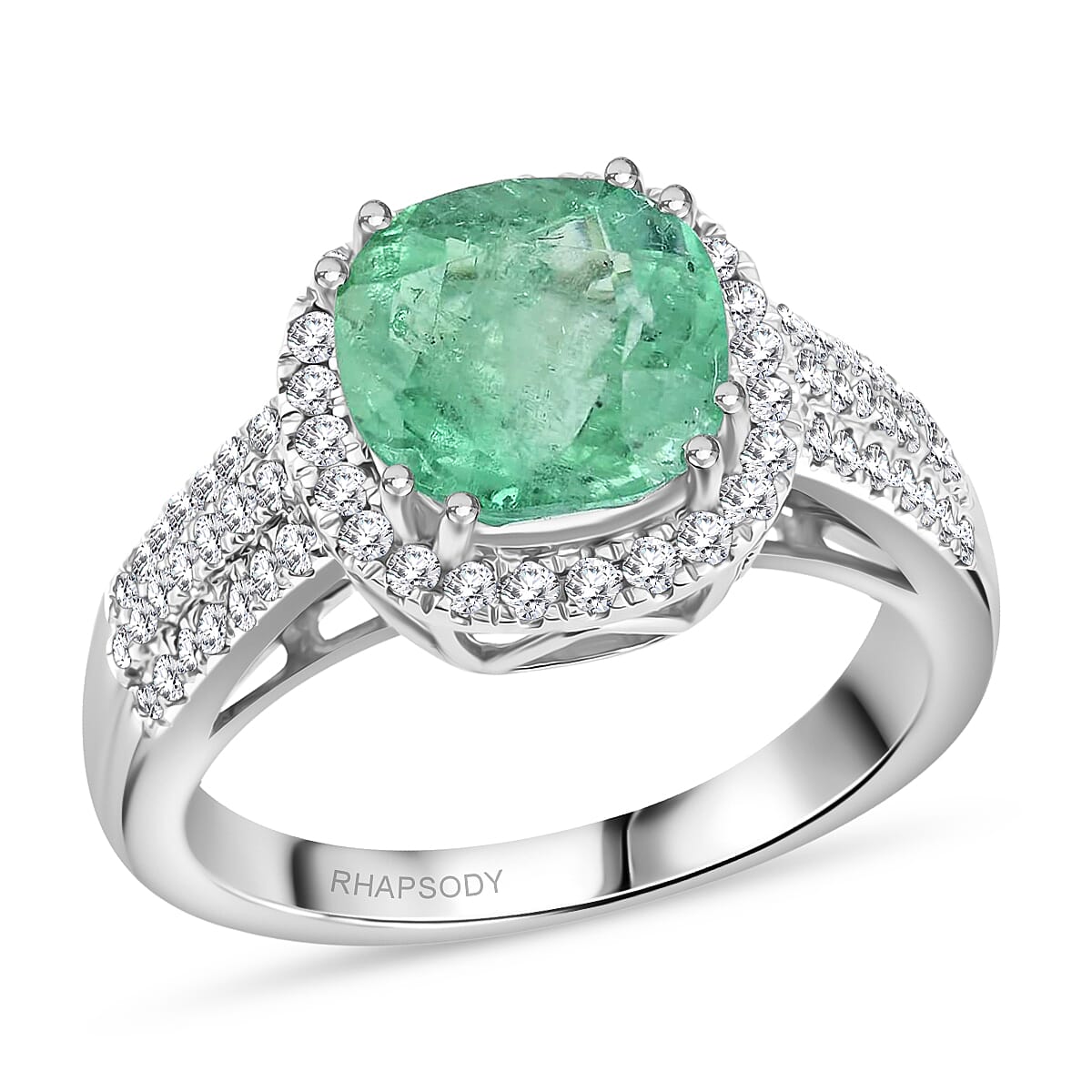 ONE OF A KIND RHAPSODY 950 Platinum AAAA Boyaca Colombian Emerald, Diamond (E-F, VS) (0.45 cts) Ring (Size 7.0) (8.10 g) 3.50 ctw