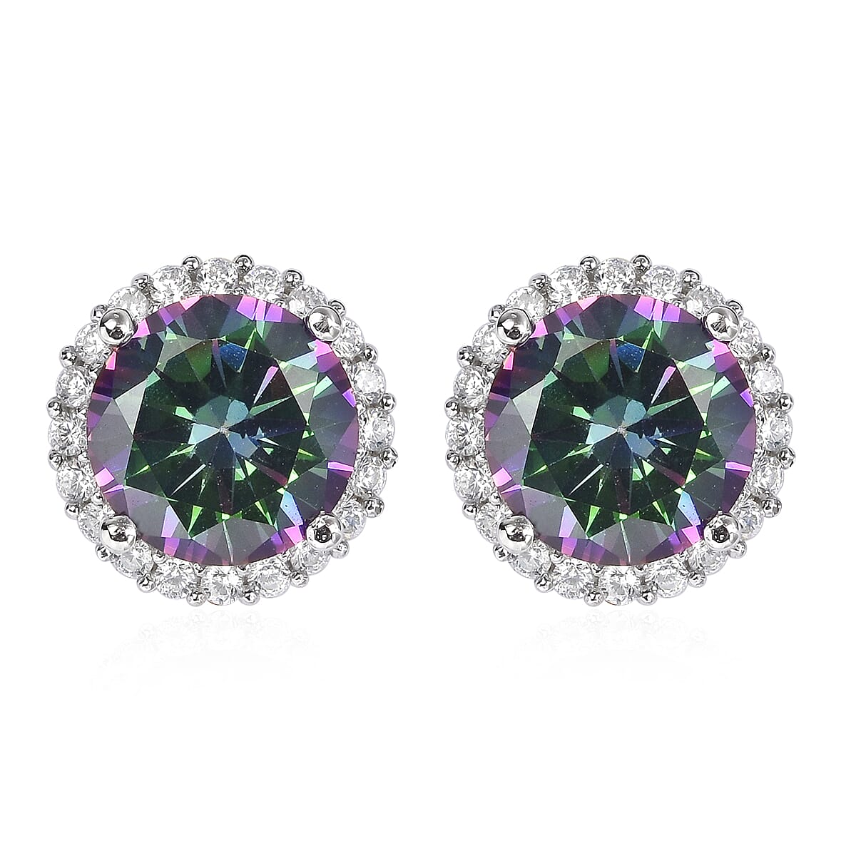 Finest Green Mystic Color Halo Stud Earrings in Sterling Silver| White Cubic Zirconia Earrings 7.75 ctw