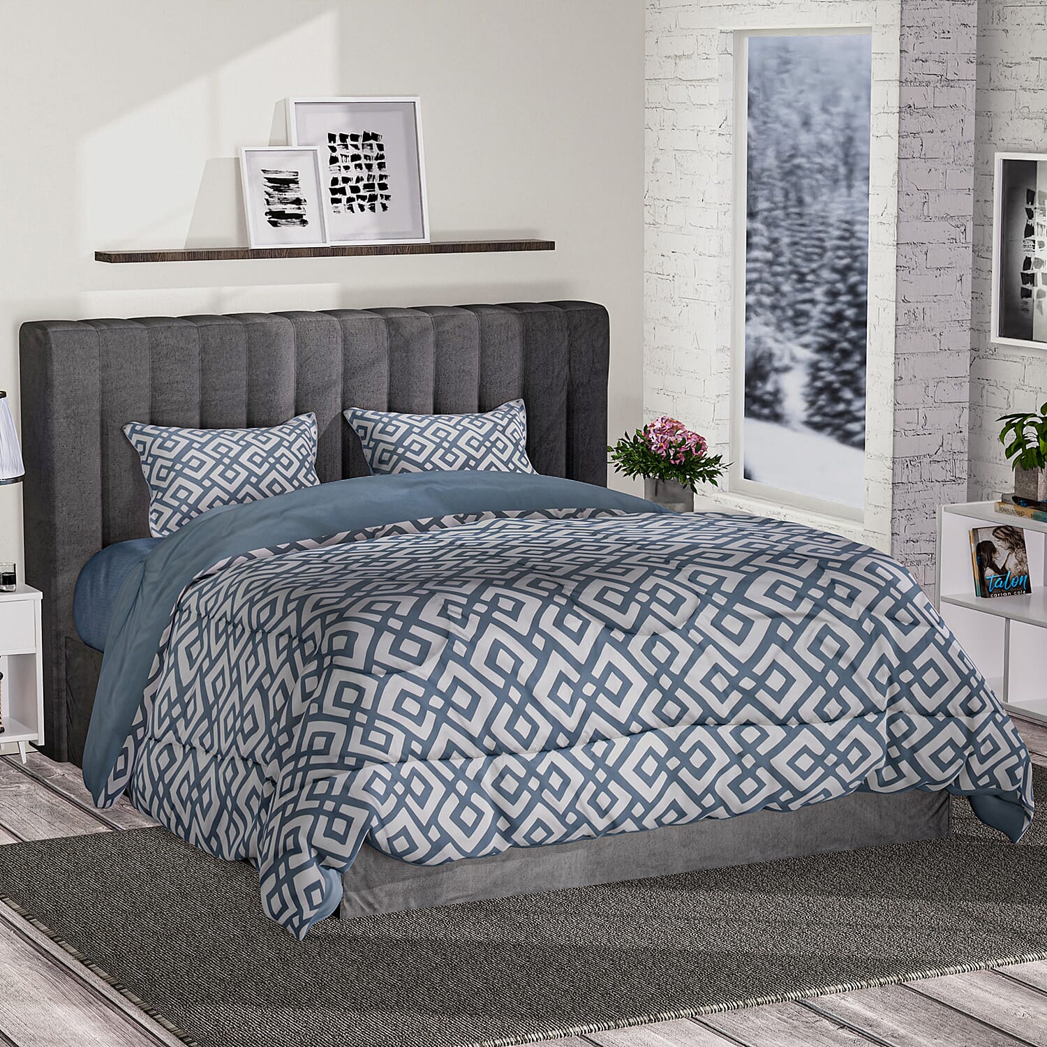 Blue Solid and Geometrical Print Microfiber 3pcs Comforter Set  - Queen