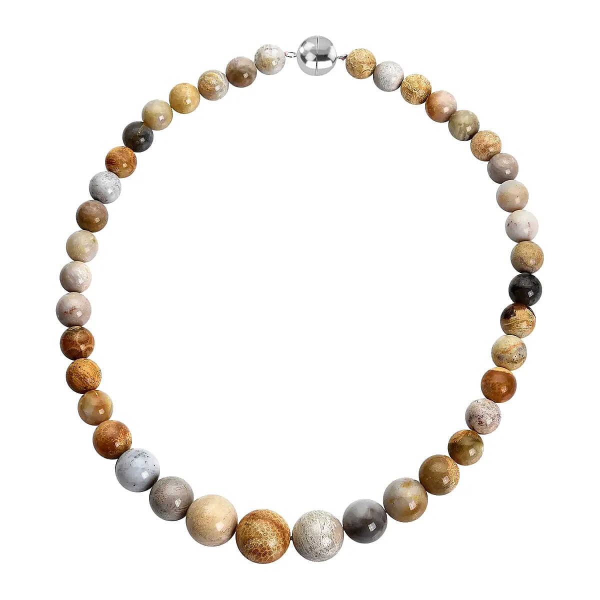 Multi Color Fossil Coral Beaded Necklace 20 Inches with Magnetic Clasp in Rhodium Over Sterling Silver 620.00 ctw
