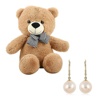 10K Yellow Gold White Edison Pearl Solitaire Lever Back Earrings with Teddy Bear Packaging