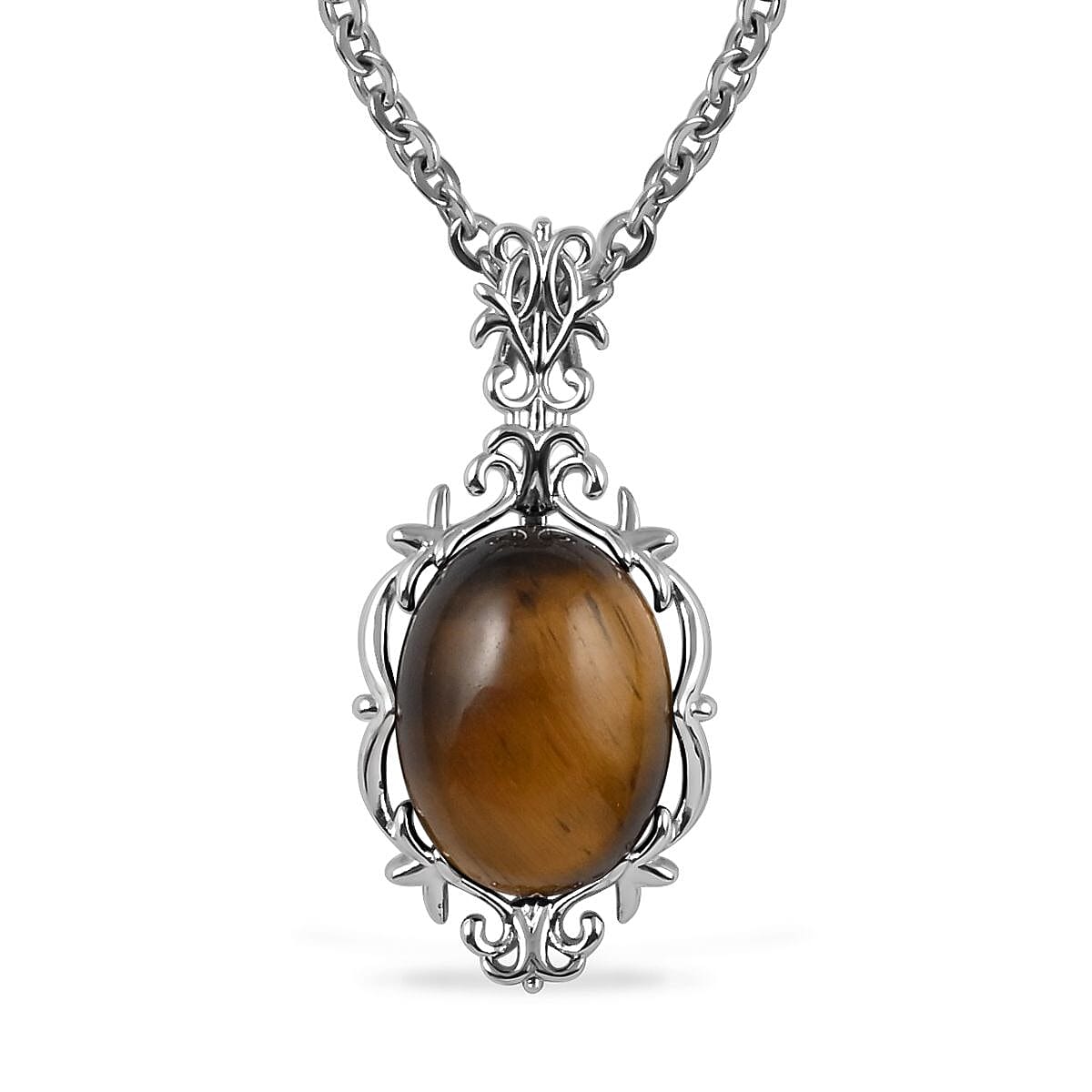 South African Yellow Tiger's Eye Pendant Necklace 18-20 Inches in Silvertone and Stainless Steel 8.00 ctw