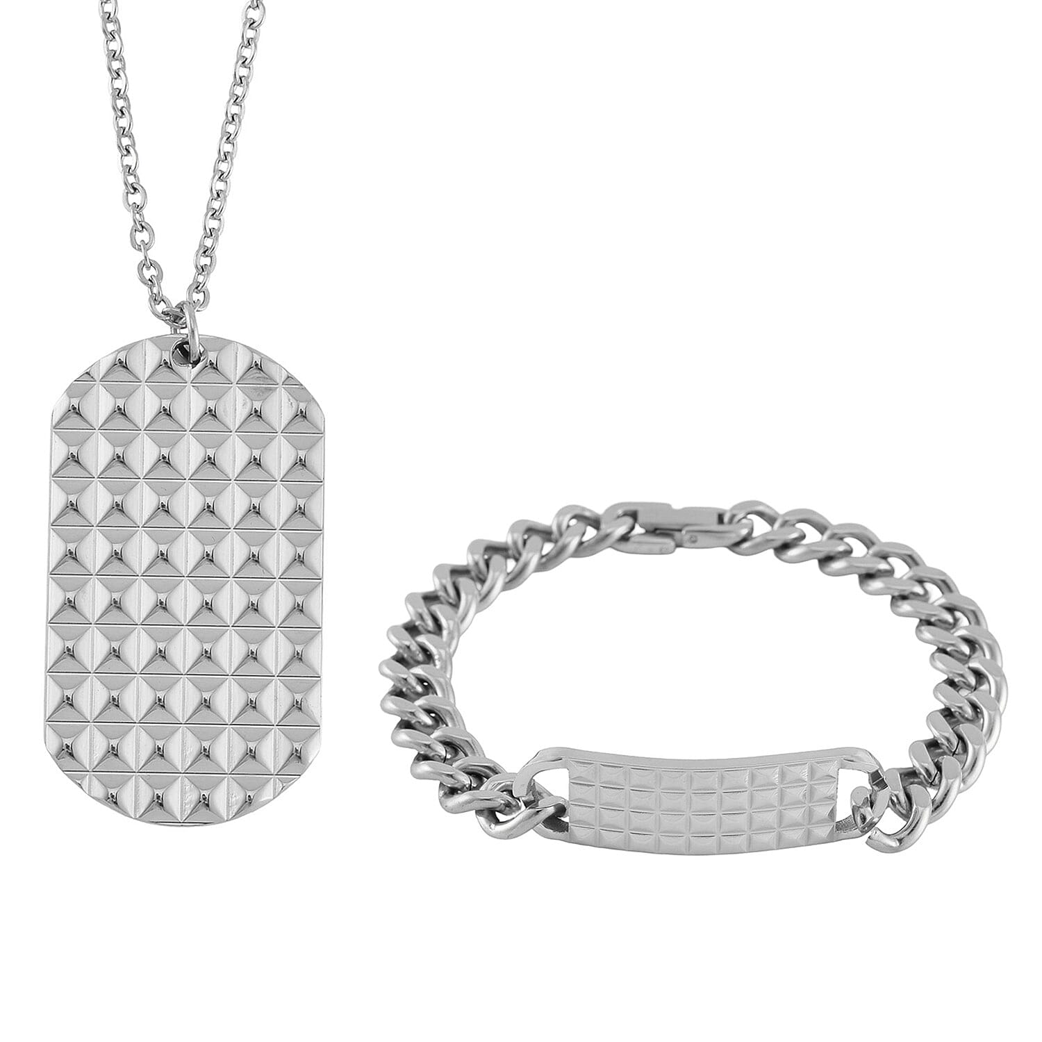 Texture Dog Tag Men's Bracelet (8in) and Pendant Necklace 24 Inches in Stainless Steel