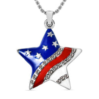 White Austrian Crystal Enameled National Flag of America Theme Star Pendant in Silvertone with Stainless Steel Necklace 20 Inches