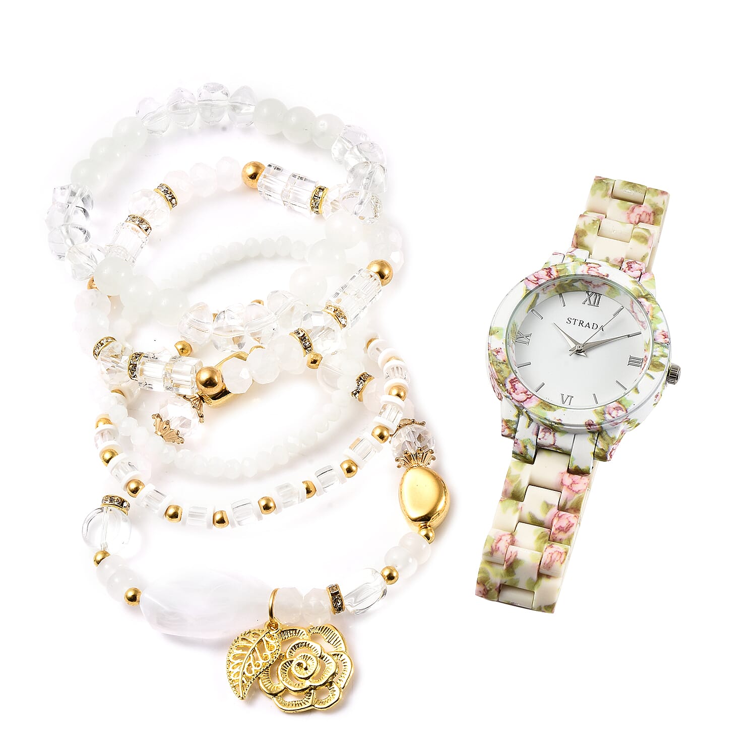 TLV STRADA Japanese Movement Black Flower Pattern Strap Watch with Stainless Steel Back and Set of 5 Black Glass, Resin & Austrian Crystal Beaded Charm Bracelets in Goldtone (6.5-7 Inches)