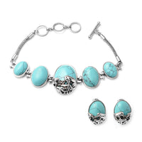 117.00 ctw Blue Howlite Elephant Charm Station Bracelet 7.25 Inches and Earrings in Silvertone