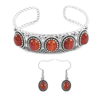 35 ctw Red Carnelian Earrings and Cuff Bracelet (7.25 in) in Black Oxidized Stainless Steel