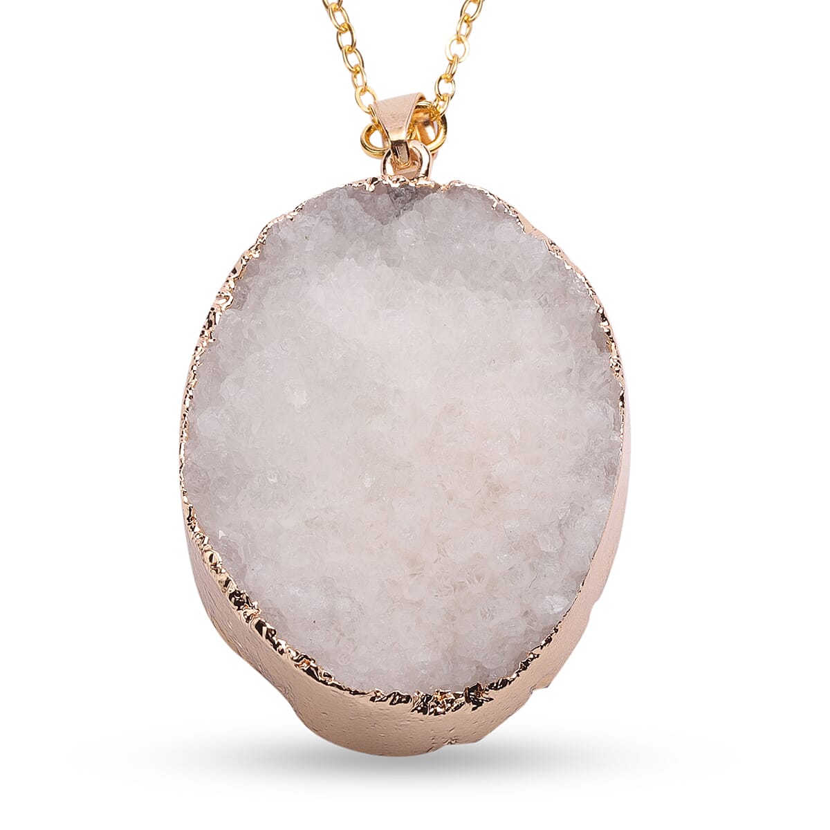 Fuchsia Drusy Quartz Pendant Necklace 24 Inches in Goldtone & ION Plated YG Stainless Steel