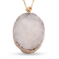 Fuchsia Drusy Quartz Pendant Necklace 24 Inches in Goldtone & ION Plated YG Stainless Steel