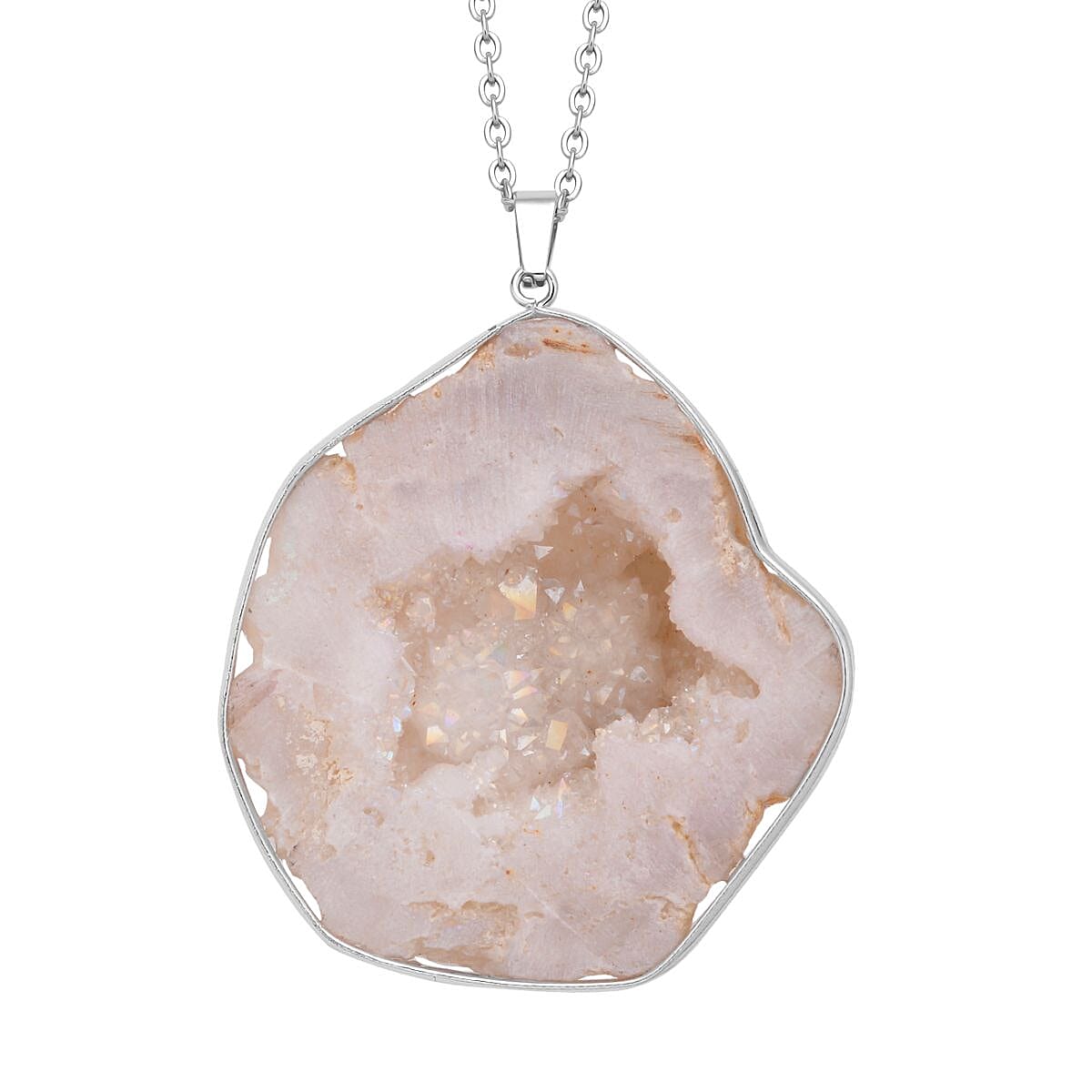 White Drusy Quartz Pendant Necklace 24 Inches in Silvertone and Stainless Steel
