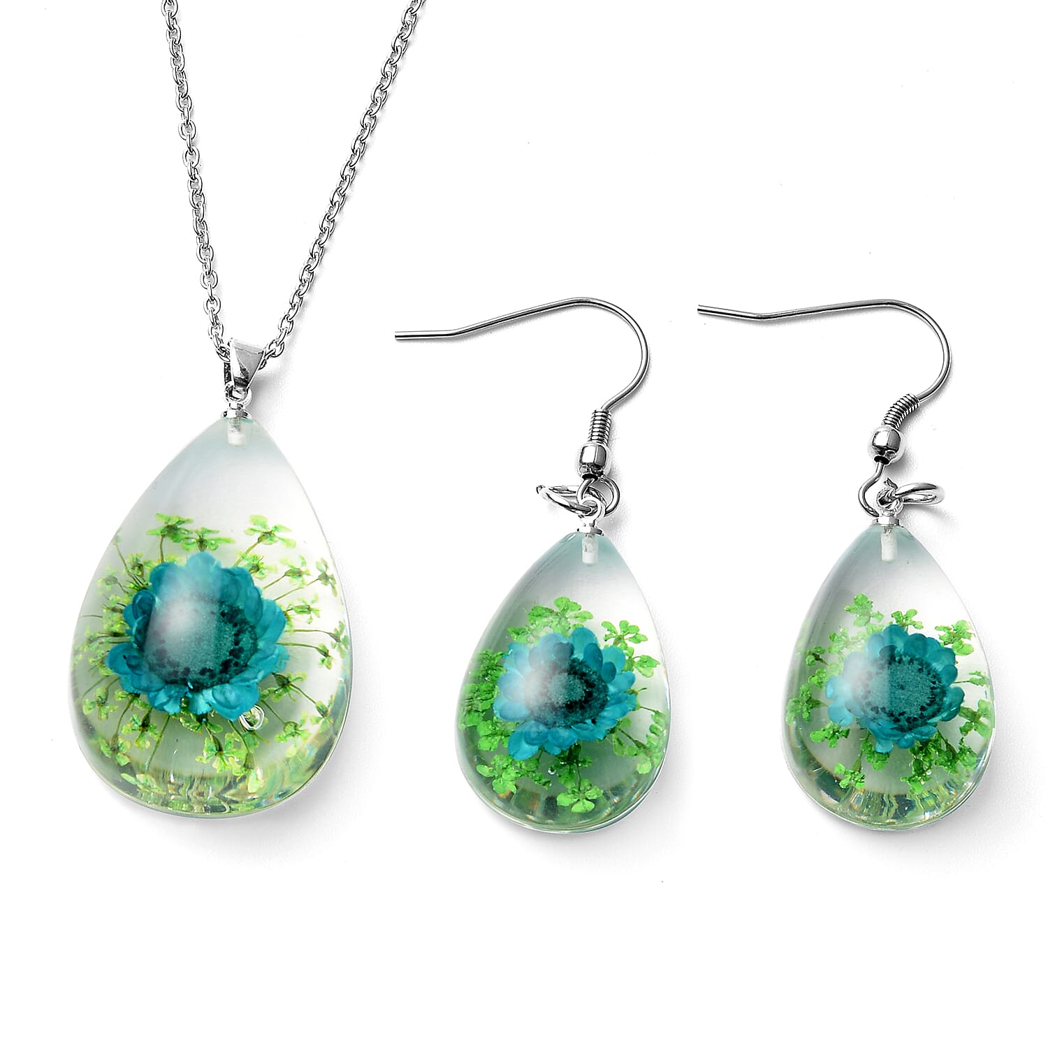 Blue and Green Resin Floral Earrings and Pendant Necklace (24 Inches) in Stainless Steel