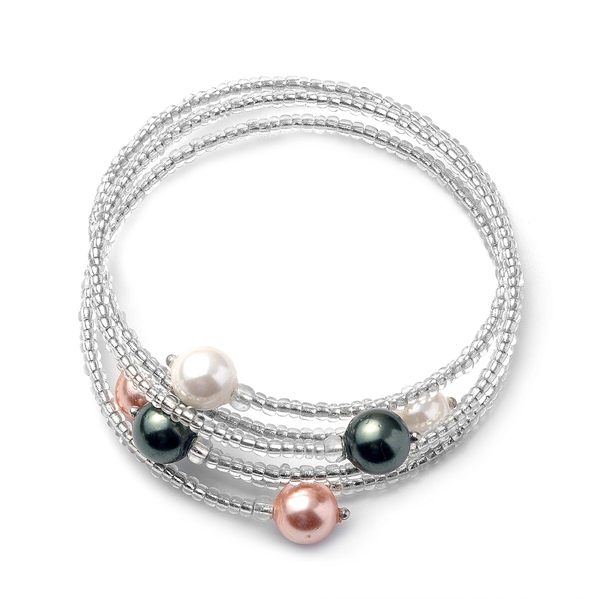 Puka Shell Pearl Set of 3 Bangle Bracelet in Silvertone