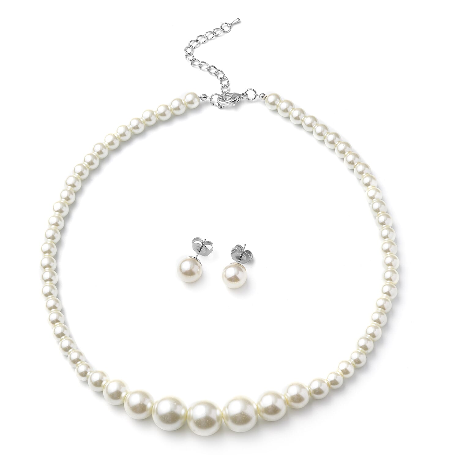 Set of 2 Simulated White Pearl Necklace 20-22 Inches and Earrings in Silvertone and Stainless Steel