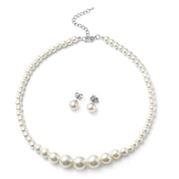 Set of 2 Simulated White Pearl Necklace 20-22 Inches and Earrings in Silvertone and Stainless Steel