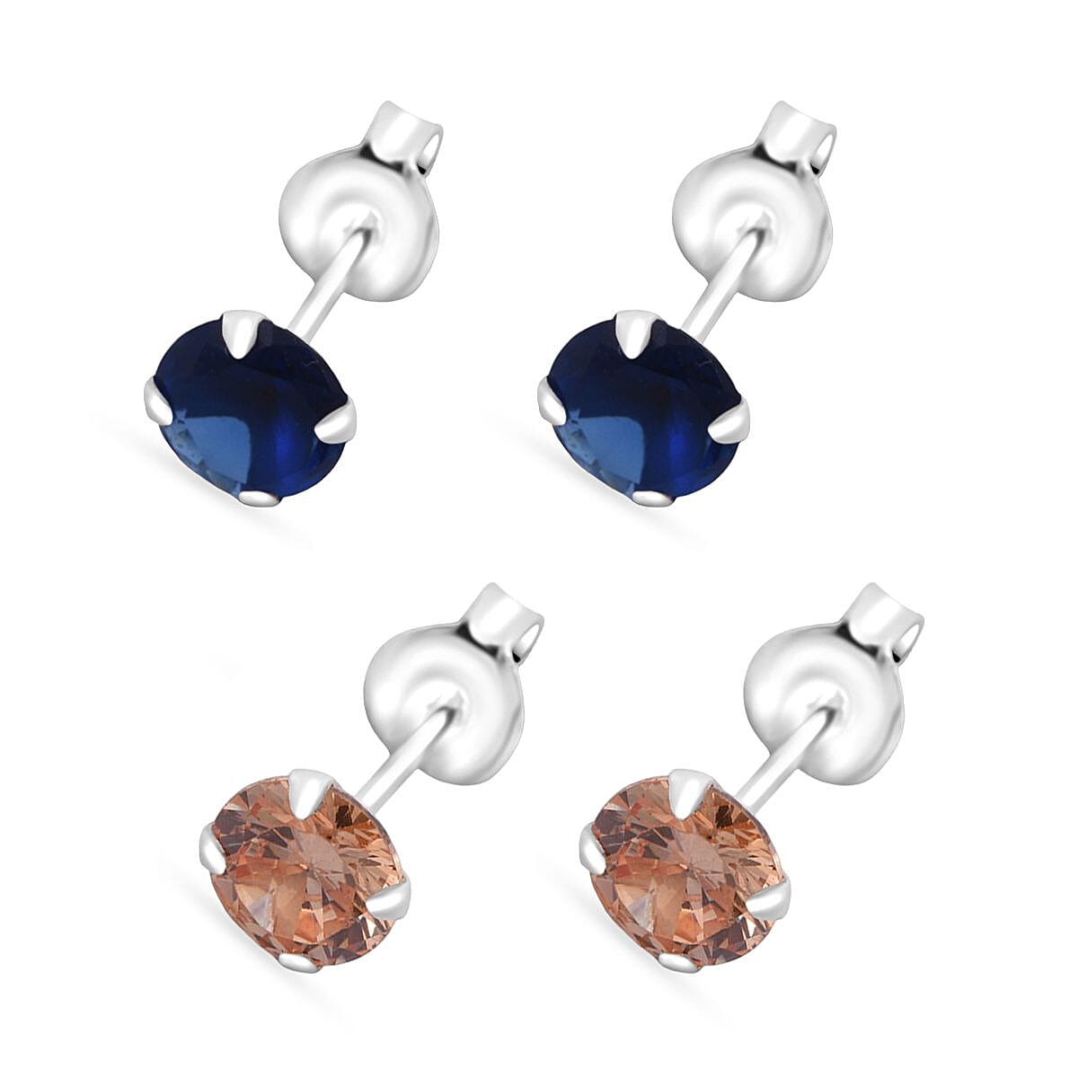 Set of 2 Simulated Champagne and Blue Diamond Stud Earrings in Sterling Silver