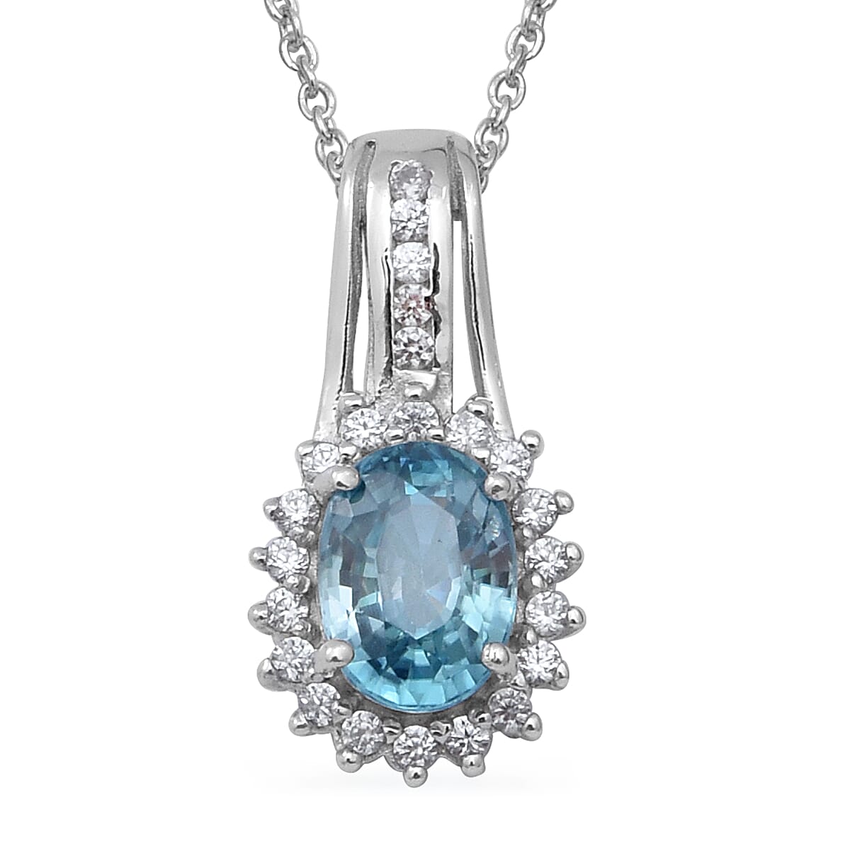 TLV Cambodian Blue Zircon, Natural White Zircon Cocktail Pendant Necklace (18 Inches) in Platinum Over Sterling Silver 2.25 ctw
