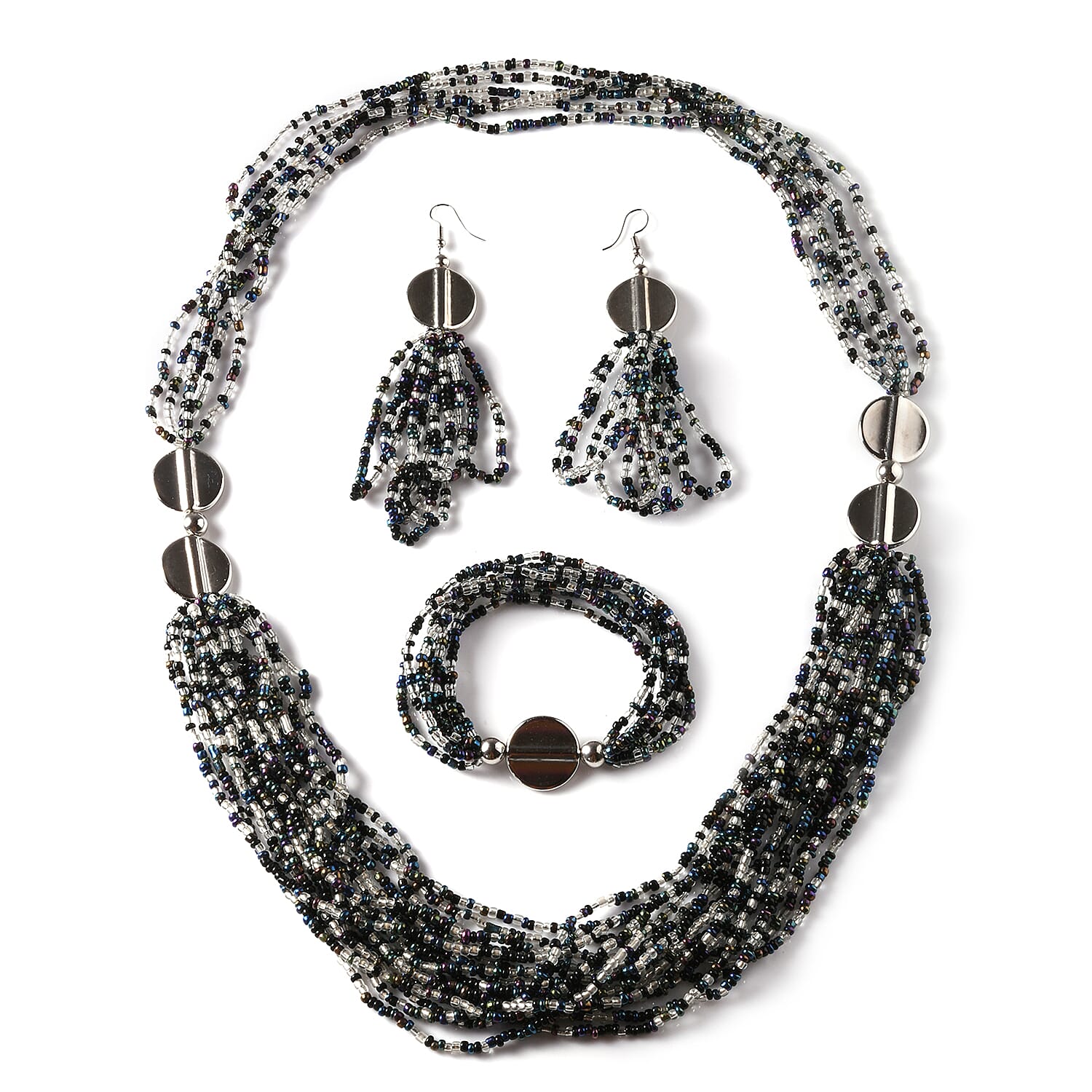 White, Multi Color Seed Beaded Tassels Earrings, Stretch Bracelet and Multi Layered Necklace 22 Inches in Silvertone