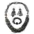 White, Multi Color Seed Beaded Tassels Earrings, Stretch Bracelet and Multi Layered Necklace 22 Inches in Silvertone - Sticky add to cart bar