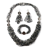 White, Multi Color Seed Beaded Tassels Earrings, Stretch Bracelet and Multi Layered Necklace 22 Inches in Silvertone