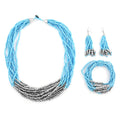 Blue Seed Beaded Multi Strand Necklace, Stretch Bracelet and Earrings - Sticky add to cart bar