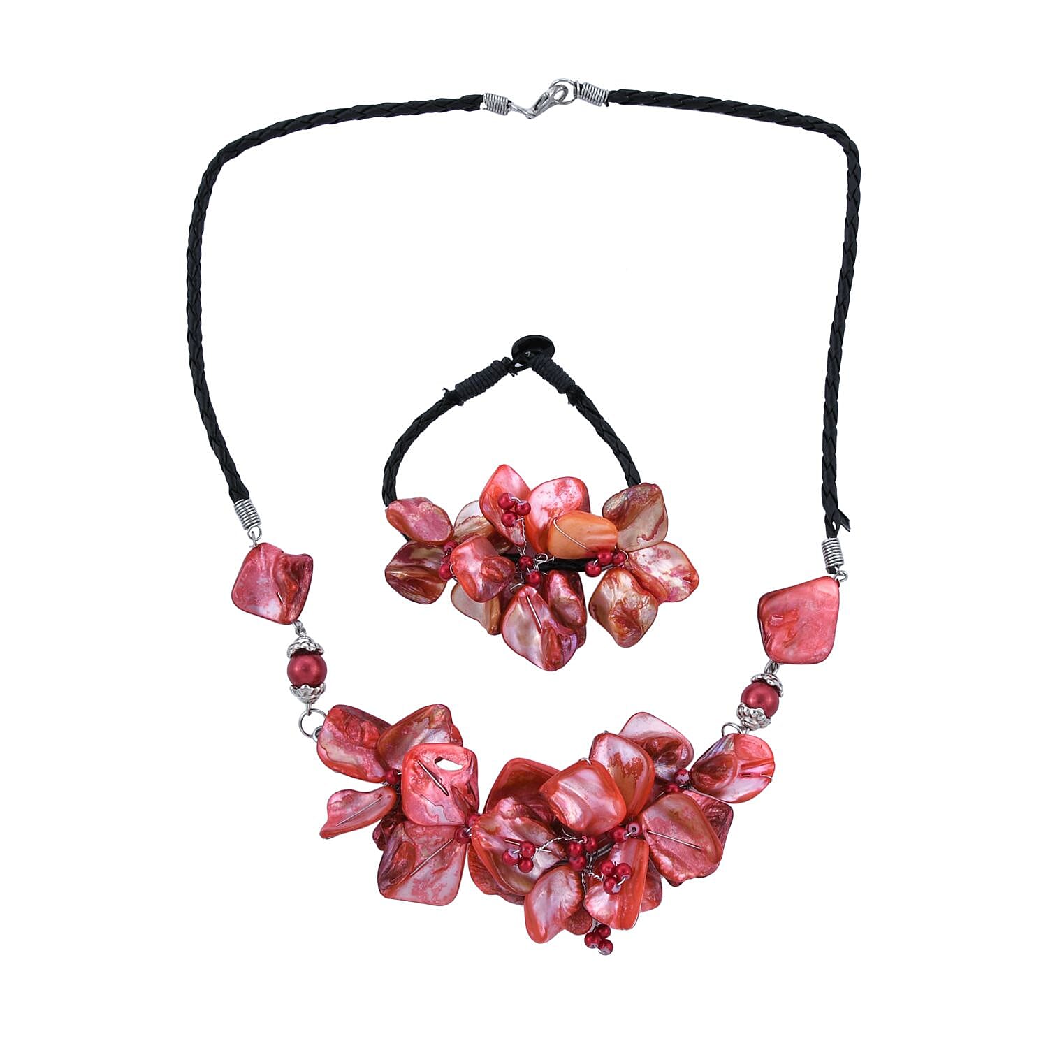 Red Seed Beaded Floral Necklace 20 Inches and Stretch Bracelet (8In) in Silvertone