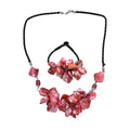 Red Seed Beaded Floral Necklace 20 Inches and Stretch Bracelet (8In) in Silvertone - Sticky add to cart bar