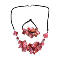 Red Seed Beaded Floral Necklace 20 Inches and Stretch Bracelet (8In) in Silvertone