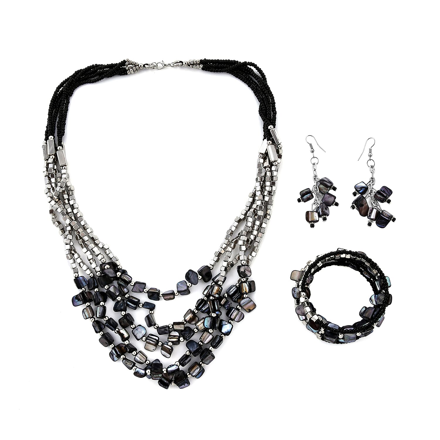 Blue Seed Bead Earrings and Wrap Bracelet and Multi Strand Necklace 22 Inches in Stainless Steel