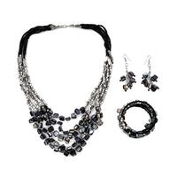 Blue Seed Bead Earrings and Wrap Bracelet and Multi Strand Necklace 22 Inches in Stainless Steel
