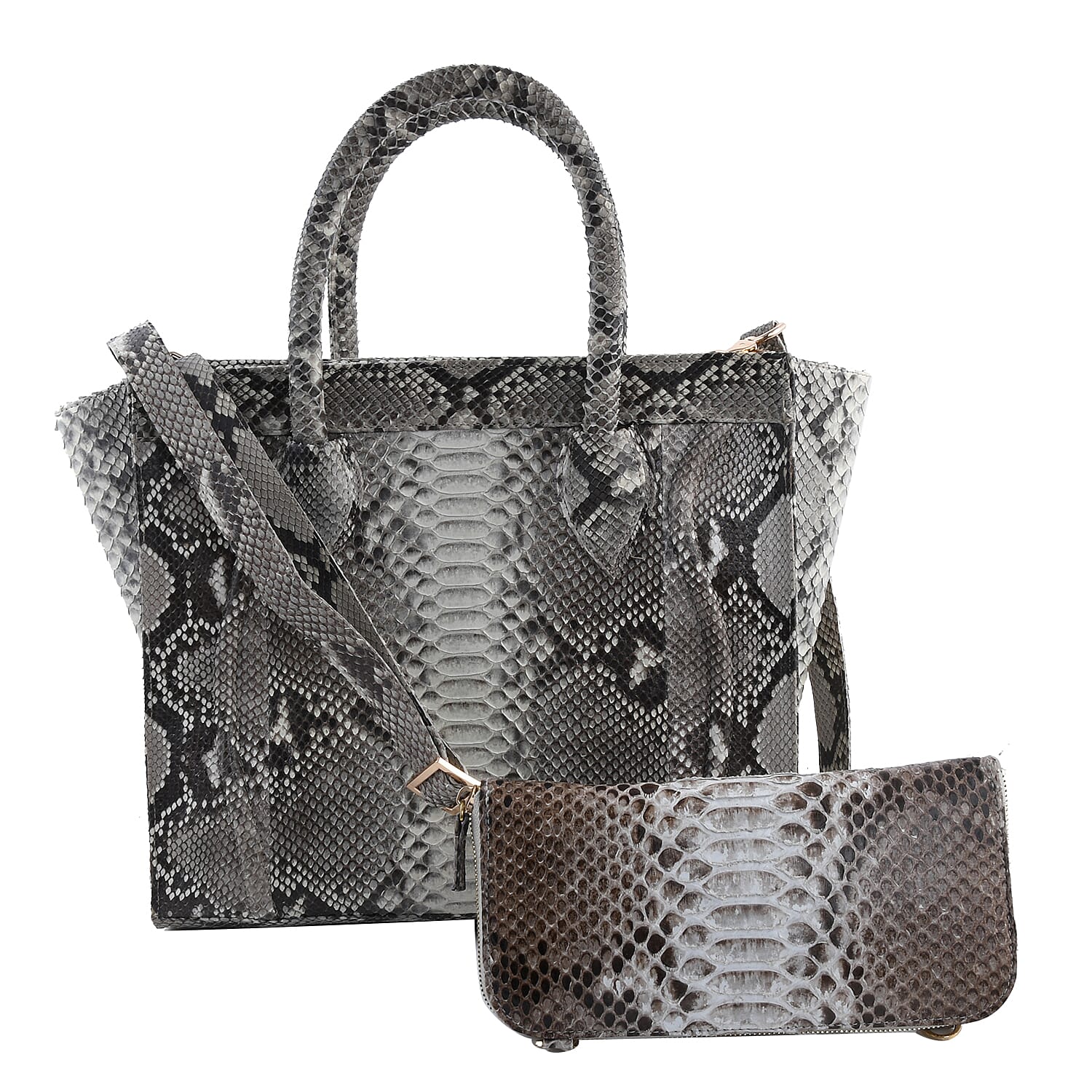 The Grand Pelle Handcrafted Grey with White Color 100 % Genuine Python Leather Tote Bag with Wallet (14.00"x10.00"x5.91") (7.90"x4.40"x1.60")