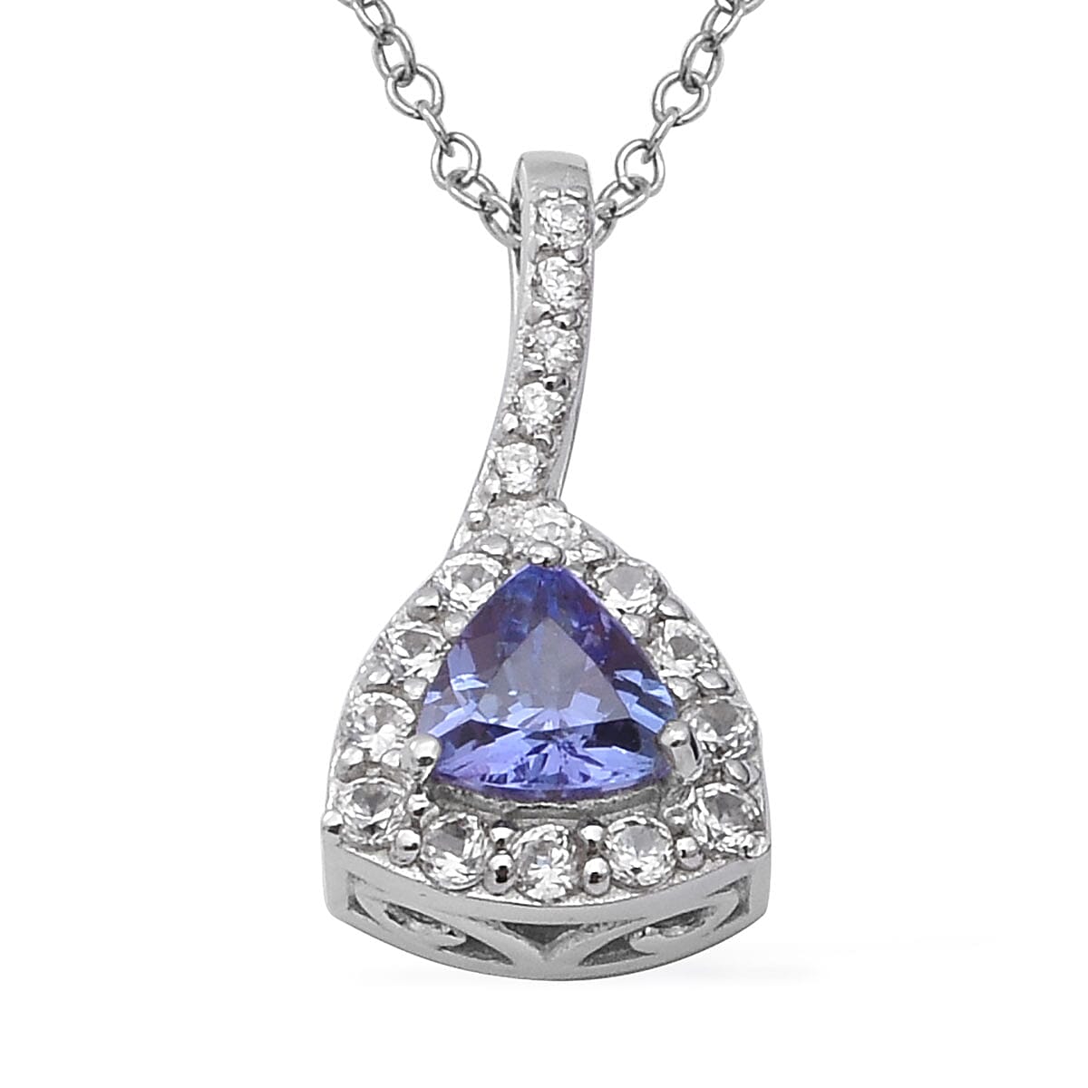 Tanzanite and Natural White Zircon Halo Pendant Necklace 18 Inches in Platinum Over Sterling Silver 1.00 ctw