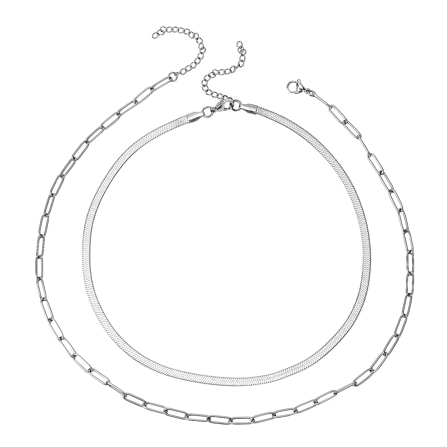 Set of 2 Snake & Paper Linked Chain Necklace in Stainless Steel (16-18/18-21 Inches)