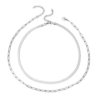 Set of 2 Snake & Paper Linked Chain Necklace in Stainless Steel (16-18/18-21 Inches)