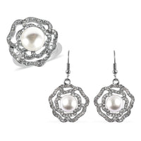 Simulated Pearl and White Austrian Crystal Rose Earrings and Ring  in Silvertone & Stainless Steel
