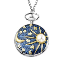 Strada Crystal Japanese Movement Carved Moon & Star Pocket Watch with Chain 31 Inches