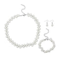 Simulated White Pearl Dangle Earrings, Adjustable Bracelet and Necklace 20-22.5 Inches in Silvertone & Stainless Steel - Sticky add to cart bar