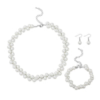 Simulated White Pearl Dangle Earrings, Adjustable Bracelet and Necklace 20-22.5 Inches in Silvertone & Stainless Steel